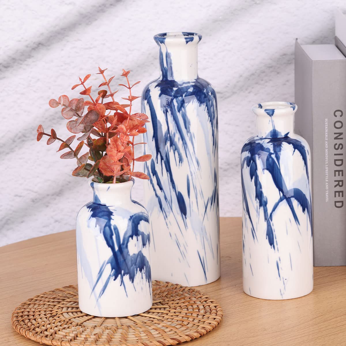 Ceramic Blue & White Vases, Set of  3