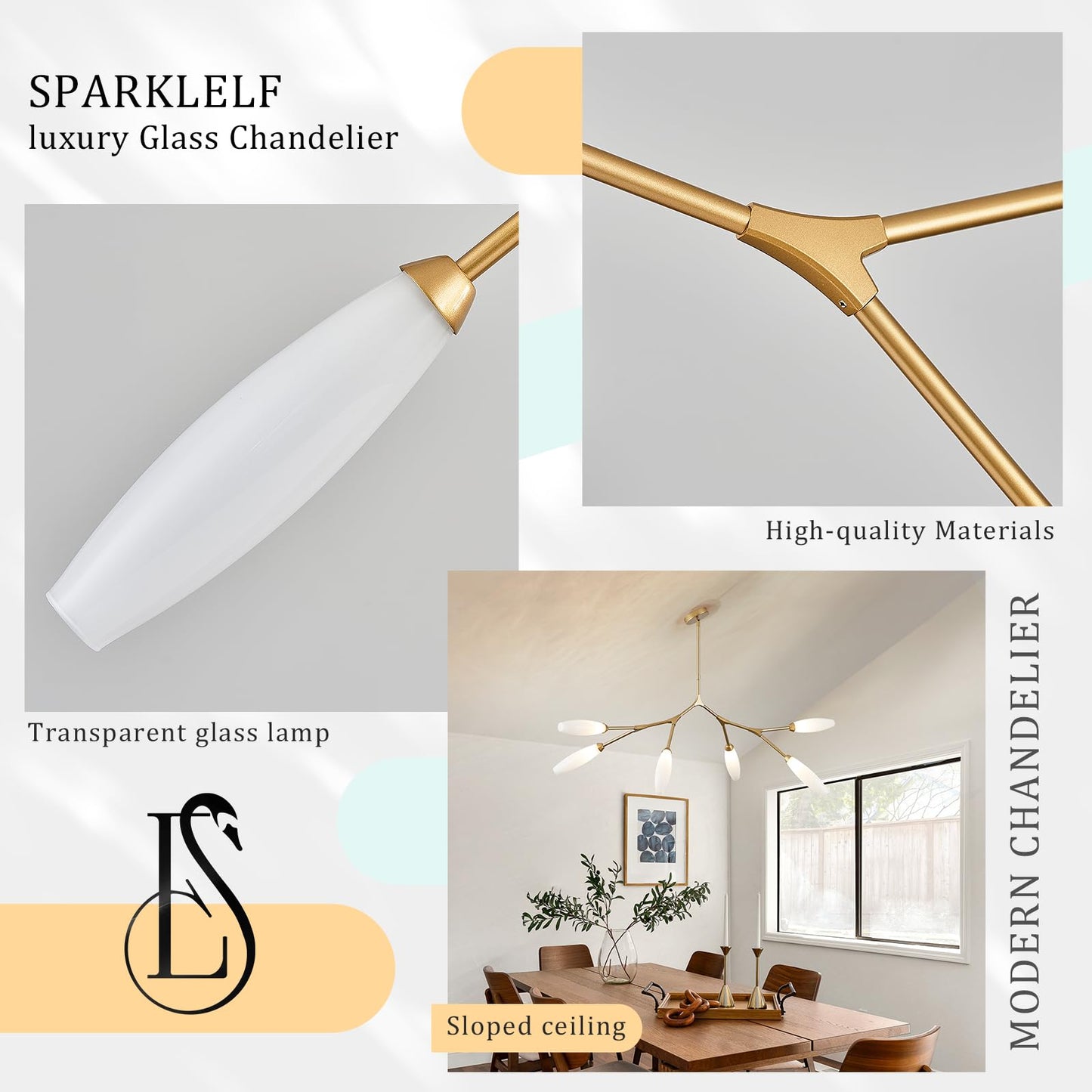Sparklelf Modern 6-Light Chandelier Elegance Sputnik Chandeliers for Dining Room L50’’ Large Glass Chandelier Adjustable Branch Pendant Light Fixture for Living Room Kitchen Bedroom