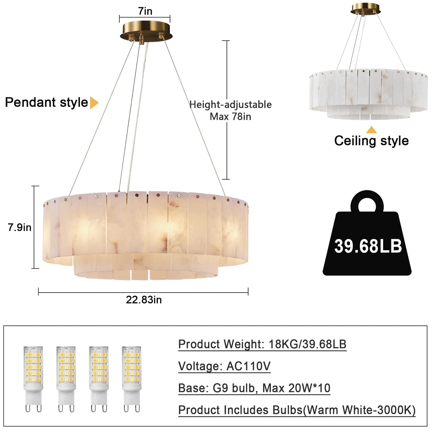 OSRoyce Alabaster Chandeliers D23in Round Chandeliers for Dining Room Small Chandelier Light Fixture for Kitchen Living Room Foyer Entryway Hallway