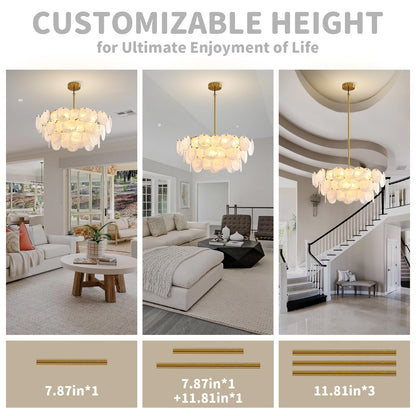 Large Gold Modern Glass Chandelier, 31.5-inch Round Adjustable Height Hanging Light Fixtures with Cloud Glass Shade, Luxury Hanging Fixture for Living Room, Foyer, Bedroom, E12 Base Crystal Lighting
