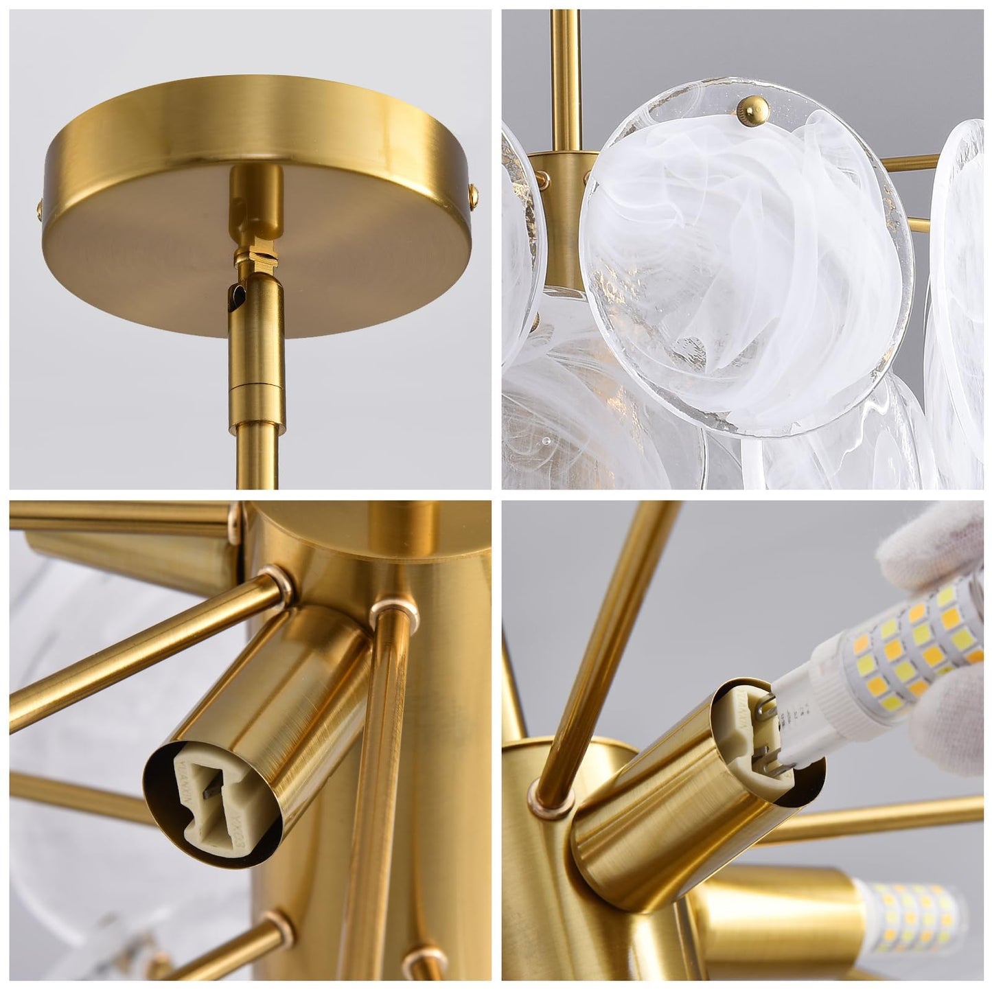 Giawosth Modern Gold Glass Chandelier, 4-Light Crystal Ceiling Pendant, Round Adjustable Hanging Fixture for Dining Room, Living Room, Bedroom, Foyer, G9 Base