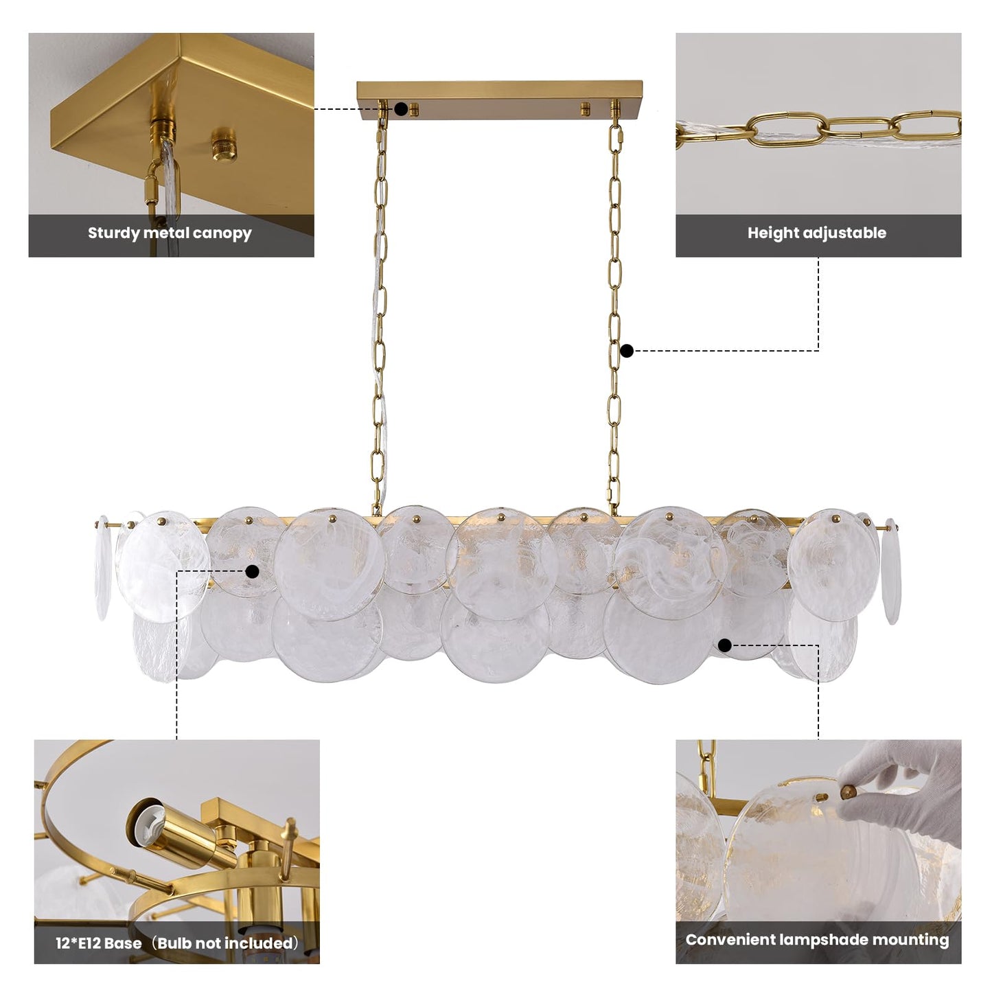 Giawosth Modern Glass Chandelier, L43.31'' Rectangular Brushed Brass Gold Chandeliers, 12-Light Cloud Pendant Fixture Large Oval Pendant Ceiling Light Fixture for Dining Room, Kitchen Island, E12