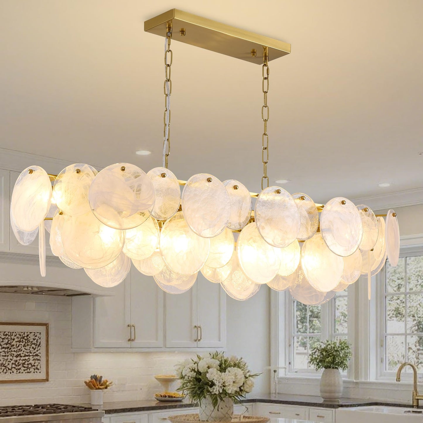 Giawosth Modern Glass Chandelier, L43.31'' Rectangular Brushed Brass Gold Chandeliers, 12-Light Cloud Pendant Fixture Large Oval Pendant Ceiling Light Fixture for Dining Room, Kitchen Island, E12