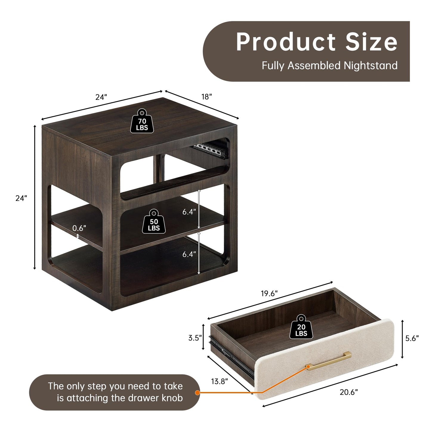 24" Wood Nightstand with Linen Drawer Front