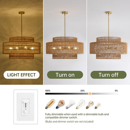 InterMaka 30” Boho Rattan Chandelier Light Fixture, 8-Light Large Hand Woven Pendant Light Fixture Farmhouse Rustic Chandeliers for Dining Room, Kitchen, Bedroom, Living Room, Hallway, Foyer