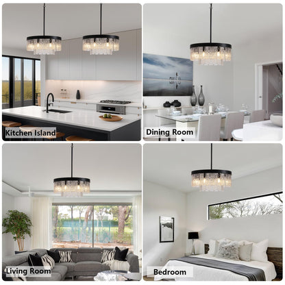 Black Modern Chandeliers for Dining Room Light Fixture, 7-light Large Chandelier Kitchen Light Fixture Over Table, Glass Drum Lighting Entryway Lights Fixture for Foyer Bedroom Hallway Living Room