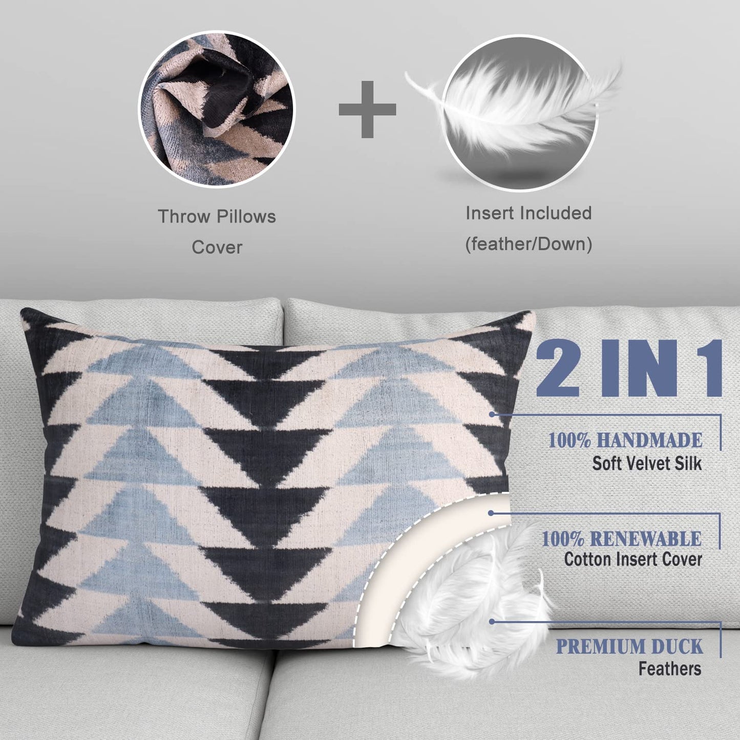 CANVELLO Handmade Luxury Velvet Throw Pillow with Down Feather Insert, 16"x24", Geometric Triangle Pattern in Black, Gray, and Ivory, Decorative Cushion for Living Room, Bedroom, and Home Décor