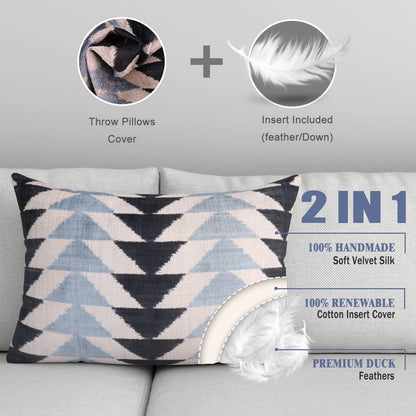 CANVELLO Handmade Luxury Velvet Throw Pillow with Down Feather Insert, 16"x24", Geometric Triangle Pattern in Black, Gray, and Ivory, Decorative Cushion for Living Room, Bedroom, and Home Décor