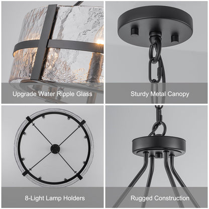 HUOKU 28" Black Glass Chandelier for Dining Room, 8-Light Modern Large Glass Drum Chandelier Dining Room Light Fixture Over Table, Hanging Pendant Light for High Ceiling Foyer Living Room
