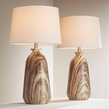 360 Lighting Carlton Modern Rustic Southwestern Table Lamps 28" Tall Set of 2 Swirling Brown Faux Marble White Tapered Drum Shades for Living Room Bedroom House Bedside Nightstand Home