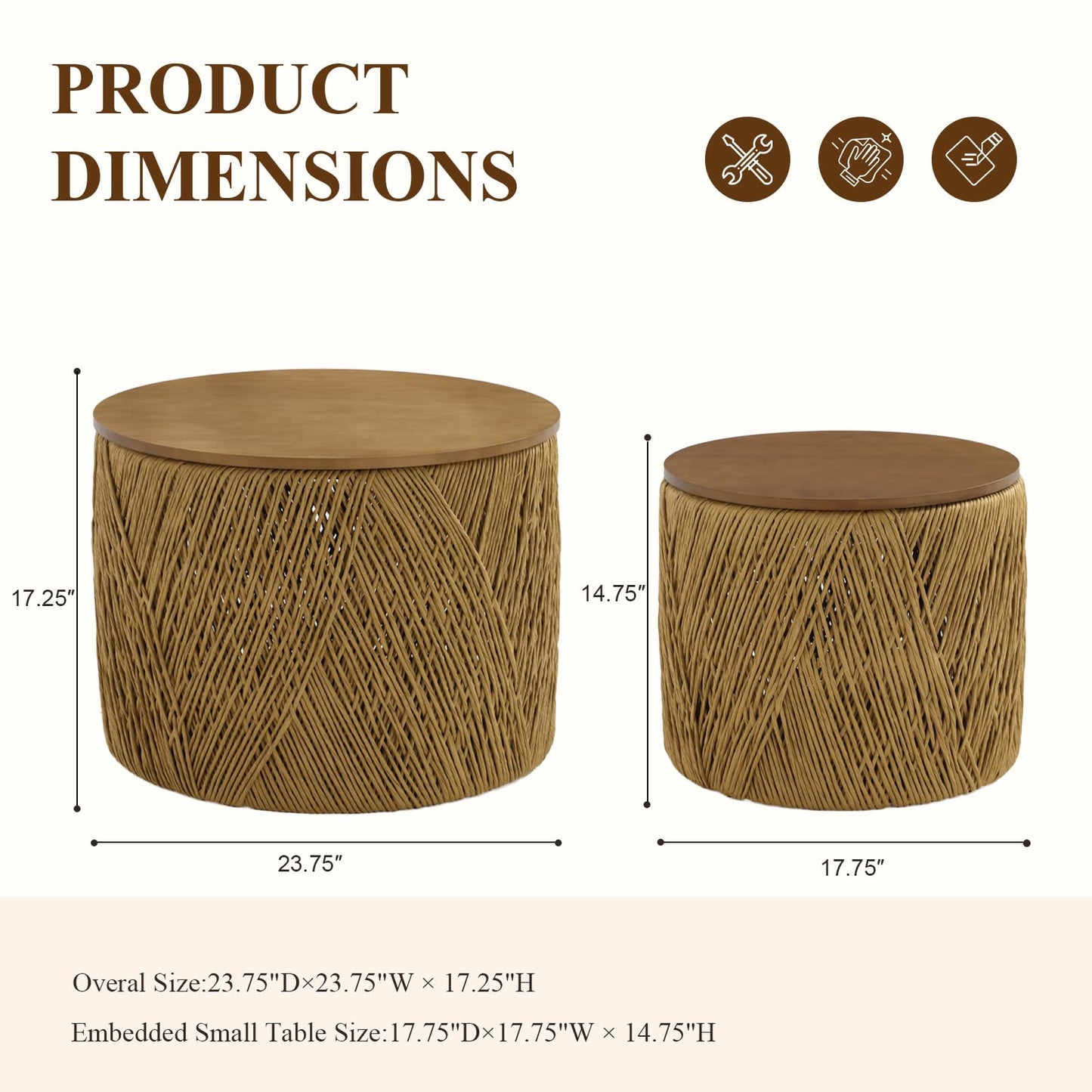 chairus Farmhouse Storage Round Coffee Table Boho Nesting Table with Lifting Top Hand-Woven Rattan Nesting Coffee Tables for Living Room, Walnut