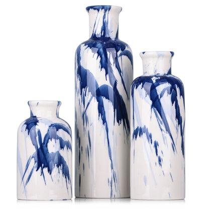 Ceramic Blue & White Vases, Set of  3