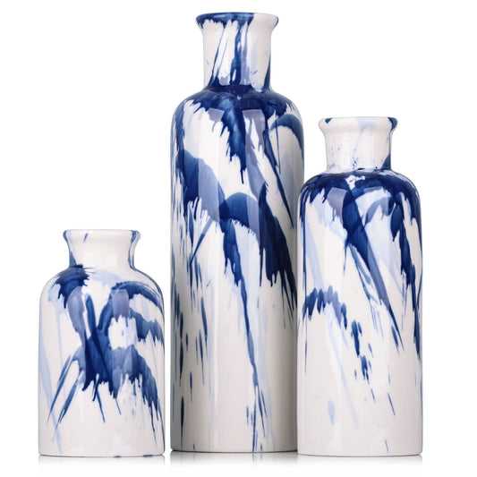 Ceramic Blue & White Vases, Set of  3