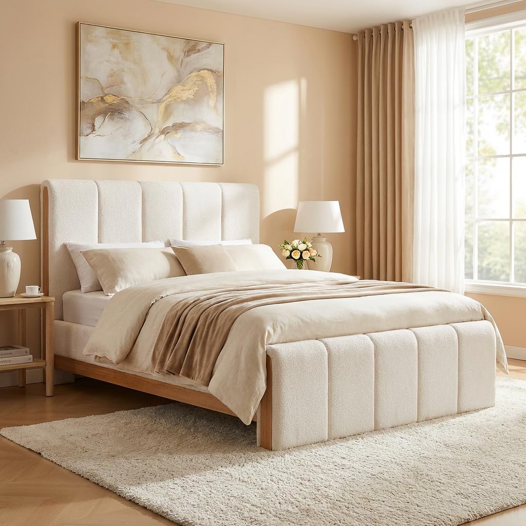 Chenille Upholstered and Wood Bed