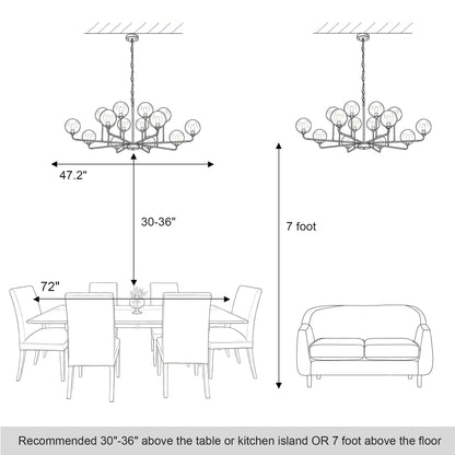 Large Chandeliers for High Ceilings 47.2IN Large Dining Room Chandelier with Smoky Gray Glass Globe Modern Black Chandeliers for Dining Room Large Chandelier Light Fixture for Entryway Living Room