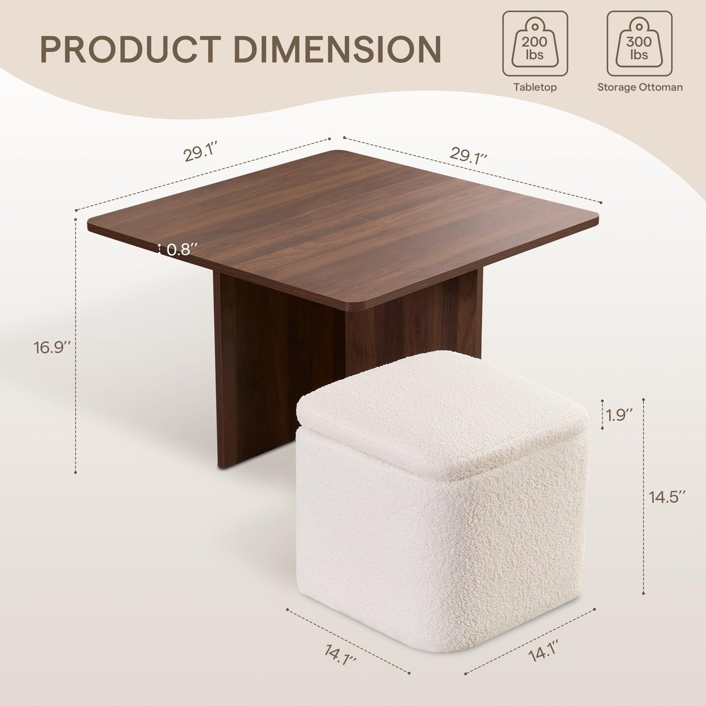 Square Coffee Table with 4 Storage Ottomans,Modern Ottoman Coffee Table with Stools Underneath,Nesting Coffee Tables with Hidden Storage for Bedroom,Living Room,Beige