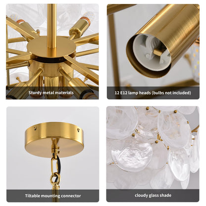 Large Gold Modern Glass Chandelier, 31.5-inch Round Adjustable Height Hanging Light Fixtures with Cloud Glass Shade, Luxury Hanging Fixture for Living Room, Foyer, Bedroom, E12 Base Crystal Lighting