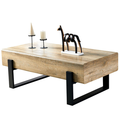 LKTART 47'' Solid Wood Coffee Table with Storage, Rustic Natural Wood Coffee Table for Living Room, Stable Metal Rectangular Tea Table Legs for Dining Room Apartment Small Space