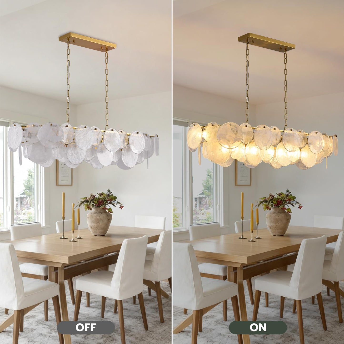 Giawosth Modern Glass Chandelier, L43.31'' Rectangular Brushed Brass Gold Chandeliers, 12-Light Cloud Pendant Fixture Large Oval Pendant Ceiling Light Fixture for Dining Room, Kitchen Island, E12