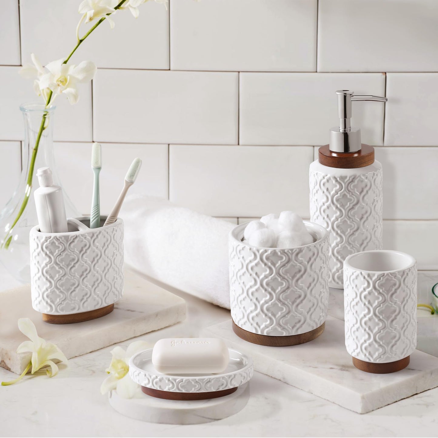 5 Piece Ceramic & Wood Bath Accessory Set