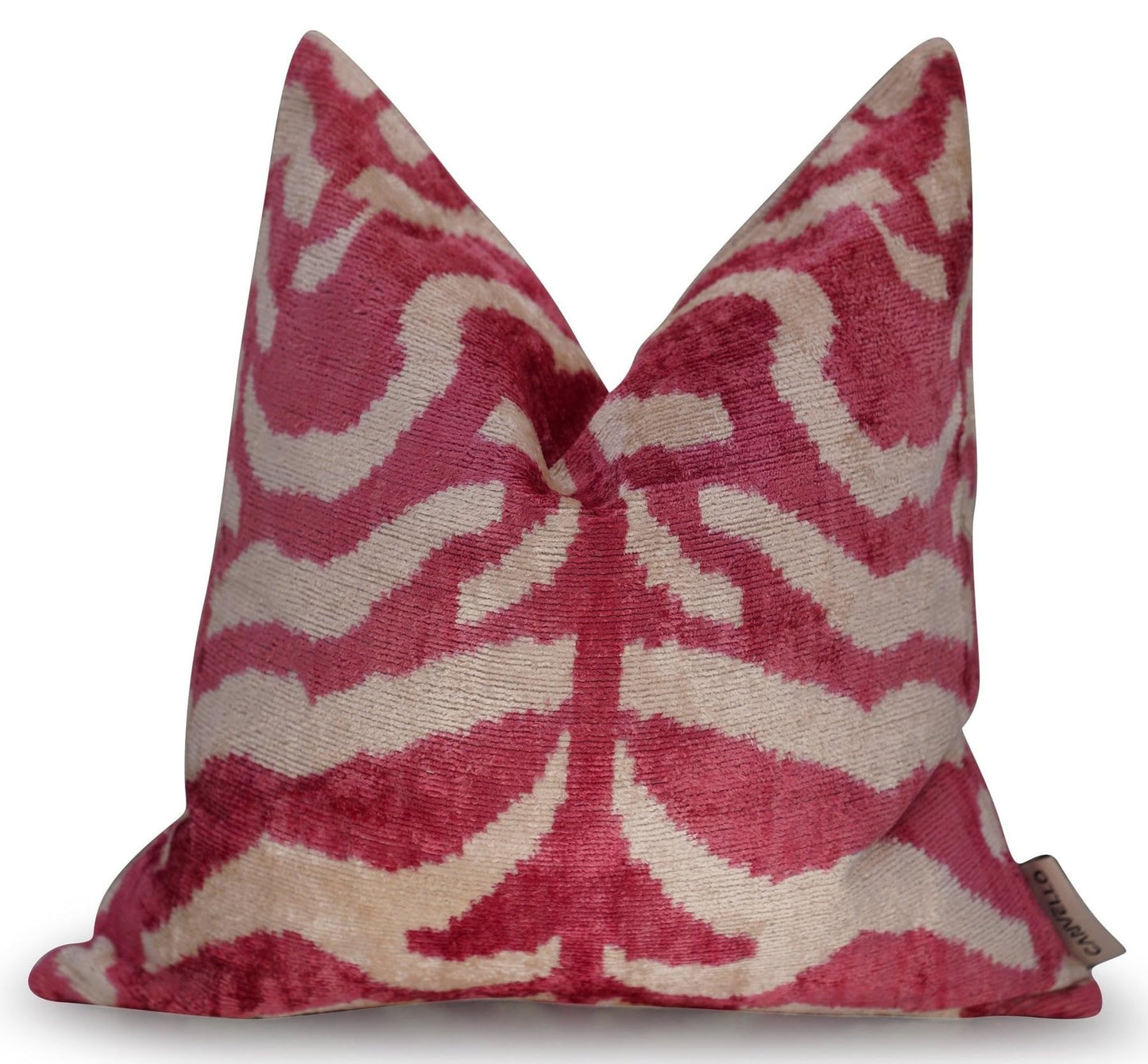 CANVELLO Luxury Velvet Throw Pillow - Handmade Decorative Cushion with Tiger Print Design - Pinkish Red & Beige, 16x16 Inch, Down Feather Insert, Soft & Plush, Boho Chic Accent Pillow for Sofa & Bed