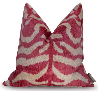 CANVELLO Luxury Velvet Throw Pillow - Handmade Decorative Cushion with Tiger Print Design - Pinkish Red & Beige, 16x16 Inch, Down Feather Insert, Soft & Plush, Boho Chic Accent Pillow for Sofa & Bed