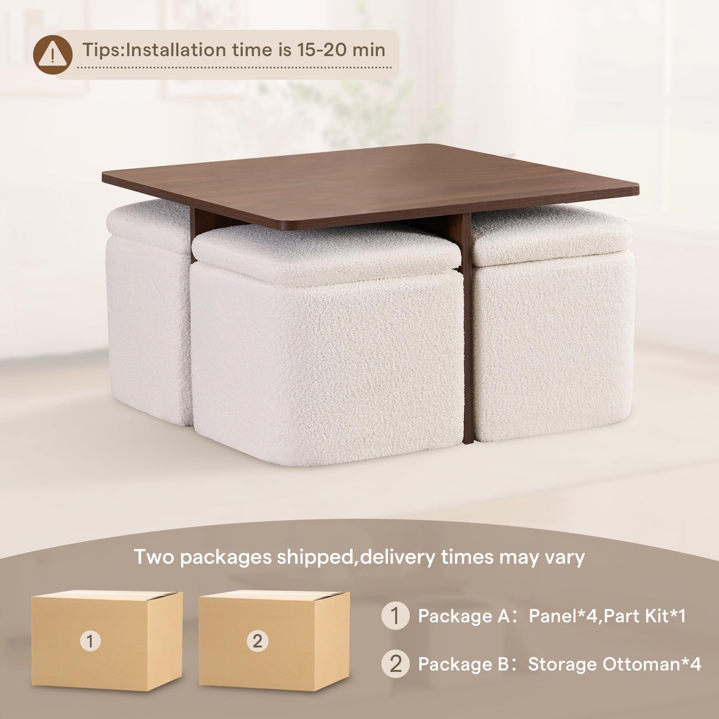 Square Coffee Table with 4 Storage Ottomans,Modern Ottoman Coffee Table with Stools Underneath,Nesting Coffee Tables with Hidden Storage for Bedroom,Living Room,Beige