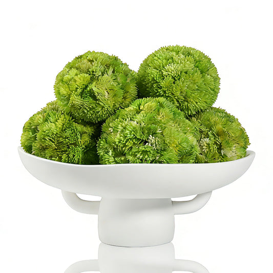 White Resin Decorative Pedestal Bowl with Artificial Moss Balls (6)