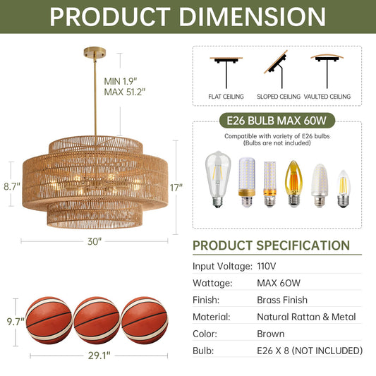 InterMaka 30” Boho Rattan Chandelier Light Fixture, 8-Light Large Hand Woven Pendant Light Fixture Farmhouse Rustic Chandeliers for Dining Room, Kitchen, Bedroom, Living Room, Hallway, Foyer
