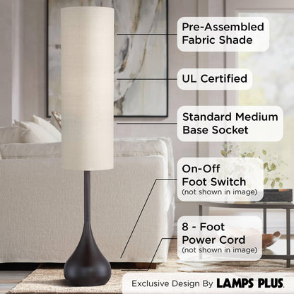 Possini Euro Design Mid Century Modern Retro Floor Lamp Standing 62" Tall Dark Bronze Metal Droplet Off-White Cotton Cylinder Shade Decor for Living Room Reading House Bedroom Home