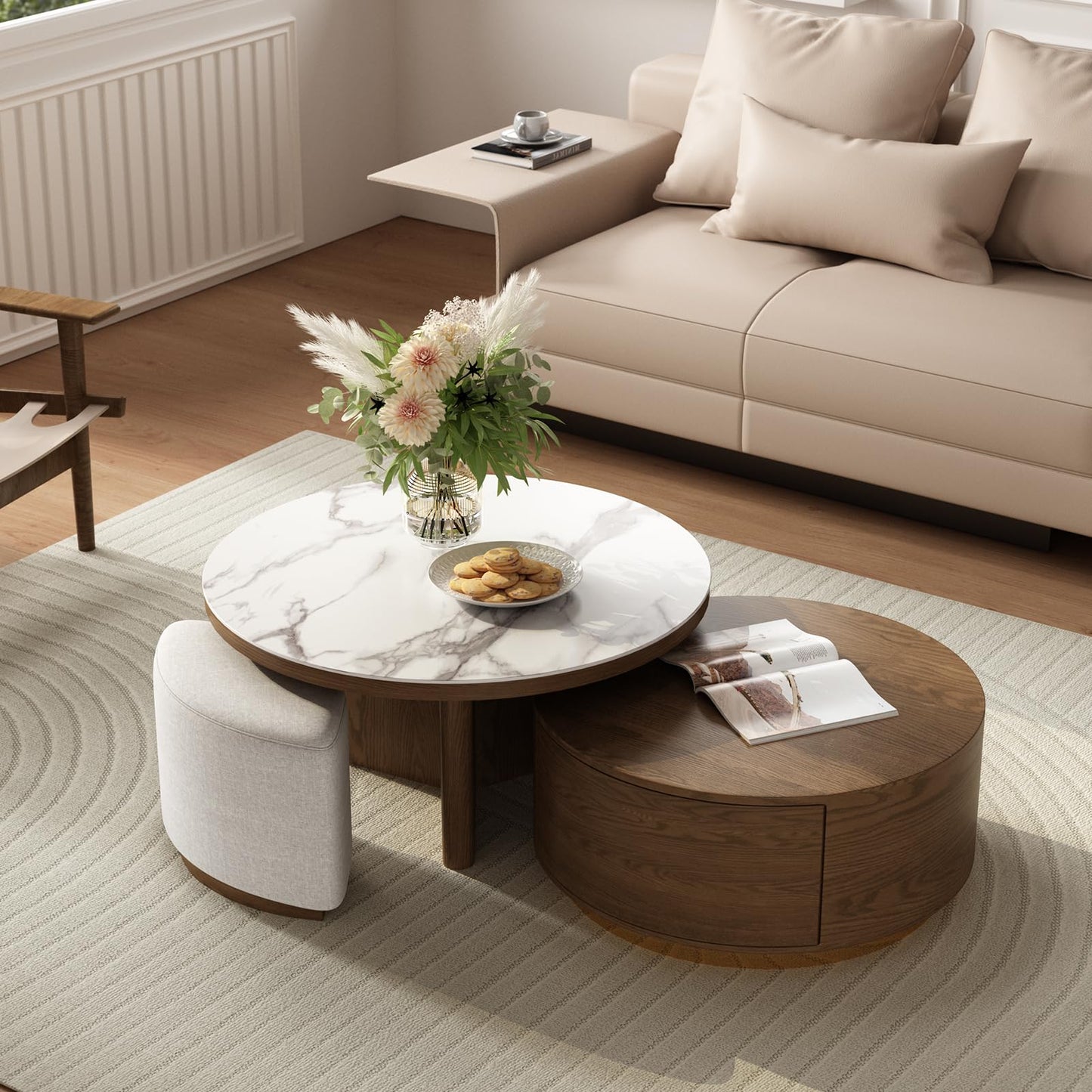 Walnut & Marble Coffee Table with Storage & Ottomans (2)