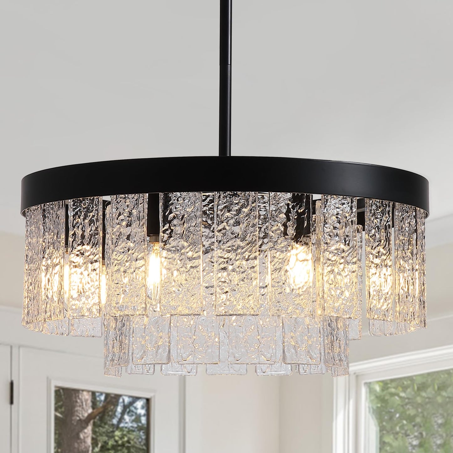 Black Modern Chandeliers for Dining Room Light Fixture, 7-light Large Chandelier Kitchen Light Fixture Over Table, Glass Drum Lighting Entryway Lights Fixture for Foyer Bedroom Hallway Living Room