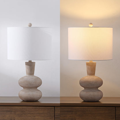 JONATHAN Y 24" Antique Brown Modern Minimalist Sculptural Oak-Grain Resin LED Table Lamp for Living Room Bedroom, White Linen Drum Shade, LED Bulb Included JYL5708A