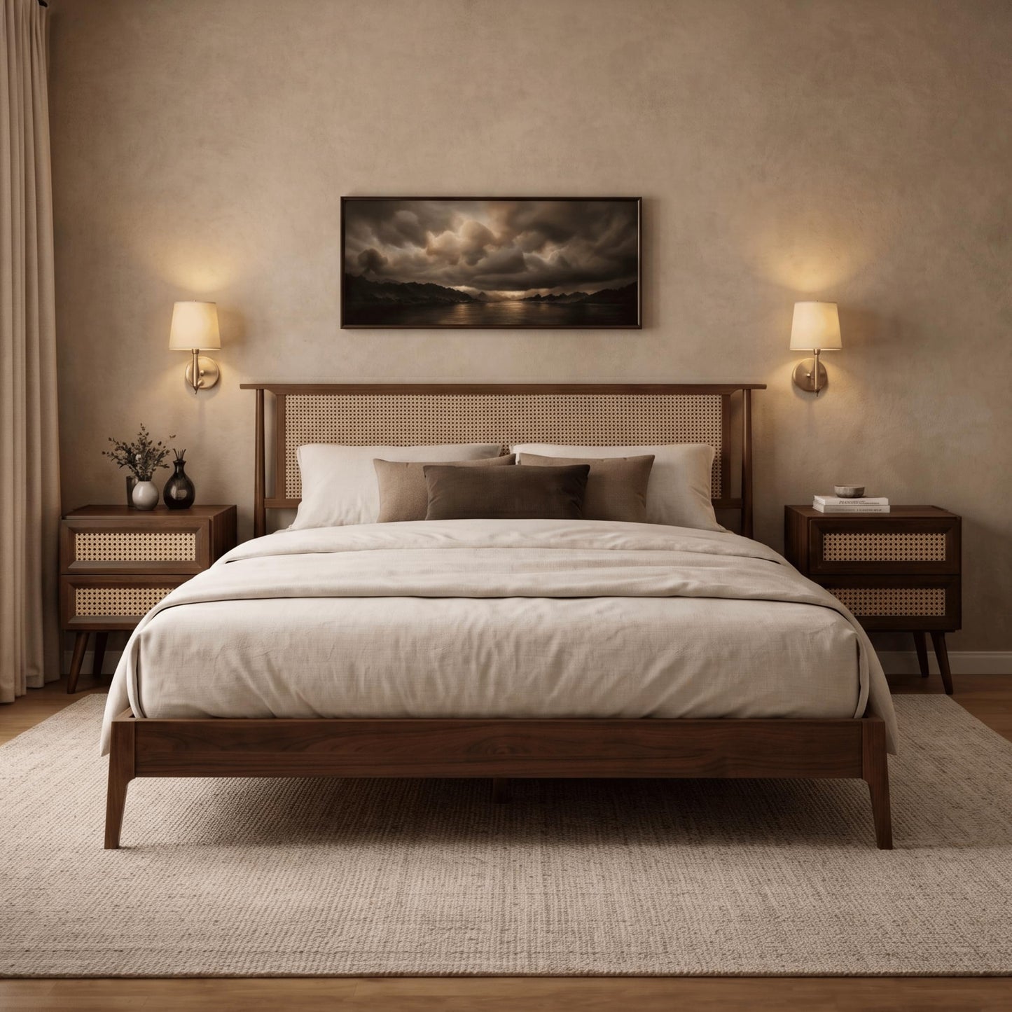 Wood Frame Bed with Natural Can Headboard