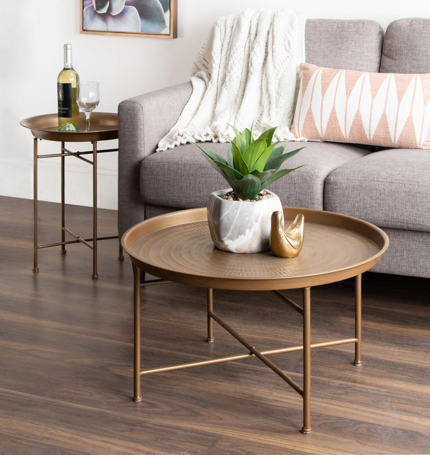 Kate and Laurel Mahdavi Boho-Chic Hammered Metal Tray Coffee Table, Dark Gold