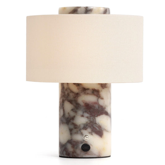 YMXYJM Marble Table Lamp, Rechargeable Cordless Bedside Lamp with Touch Control & Stepless Dimming, Linen Shade Decorative Lamp for Bedroom, Living Room, Nightstand & Bookshelf, Calacatta Viola Marble