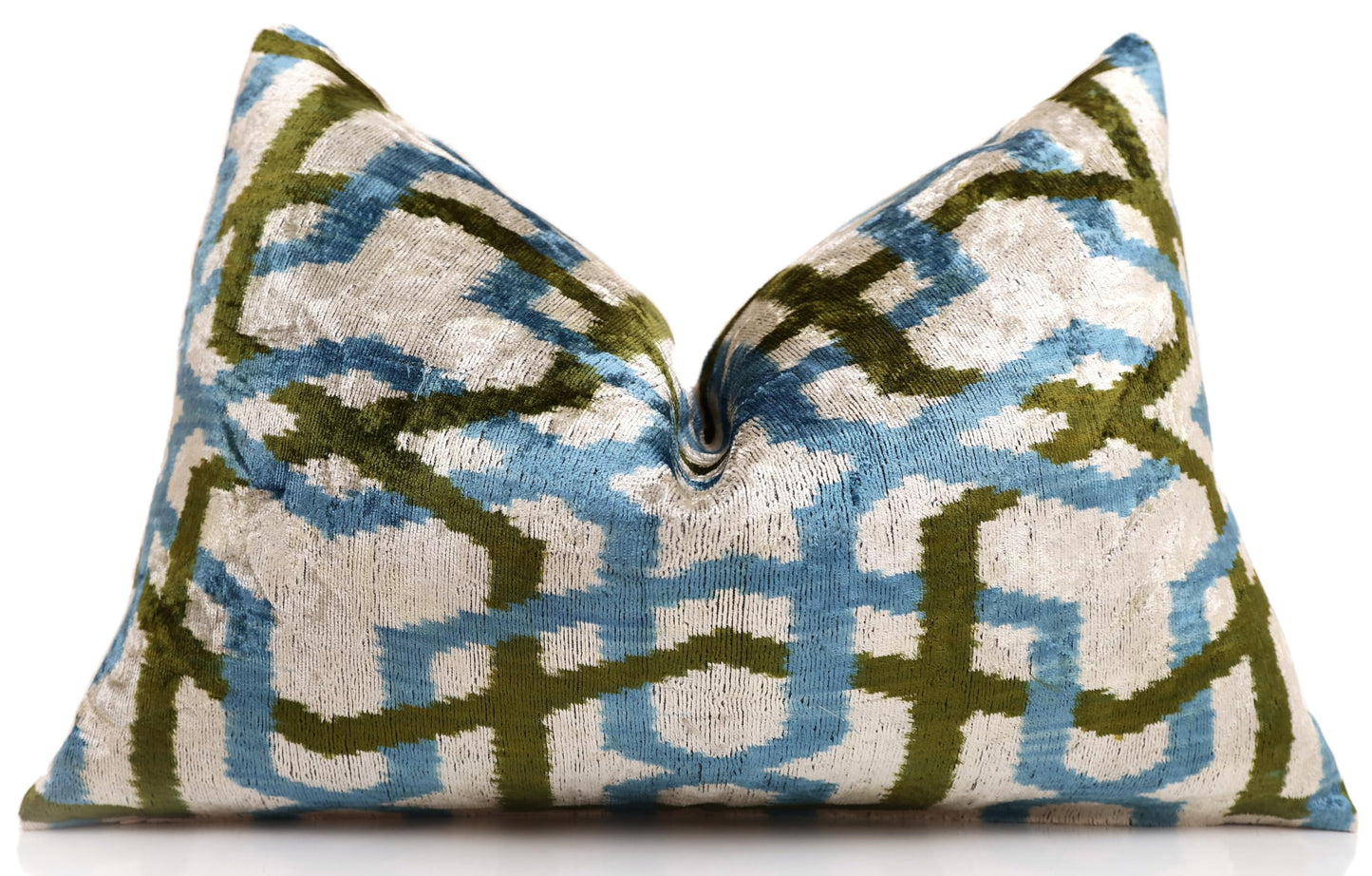 CANVELLO Handmade Velvet Ikat Lumbar Pillow 16x24 | Sky Blue & Olive Trellis
