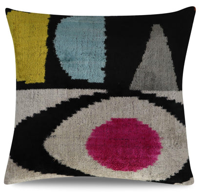 Canvello Handmade Geometric Velvet Throw Pillow - Luxury 16x16 Inch Down Feather Filled Cushion - Modern Abstract Decorative Pillow for Couch, Sofa & Bed - Black, Beige, Pink, Yellow & Blue