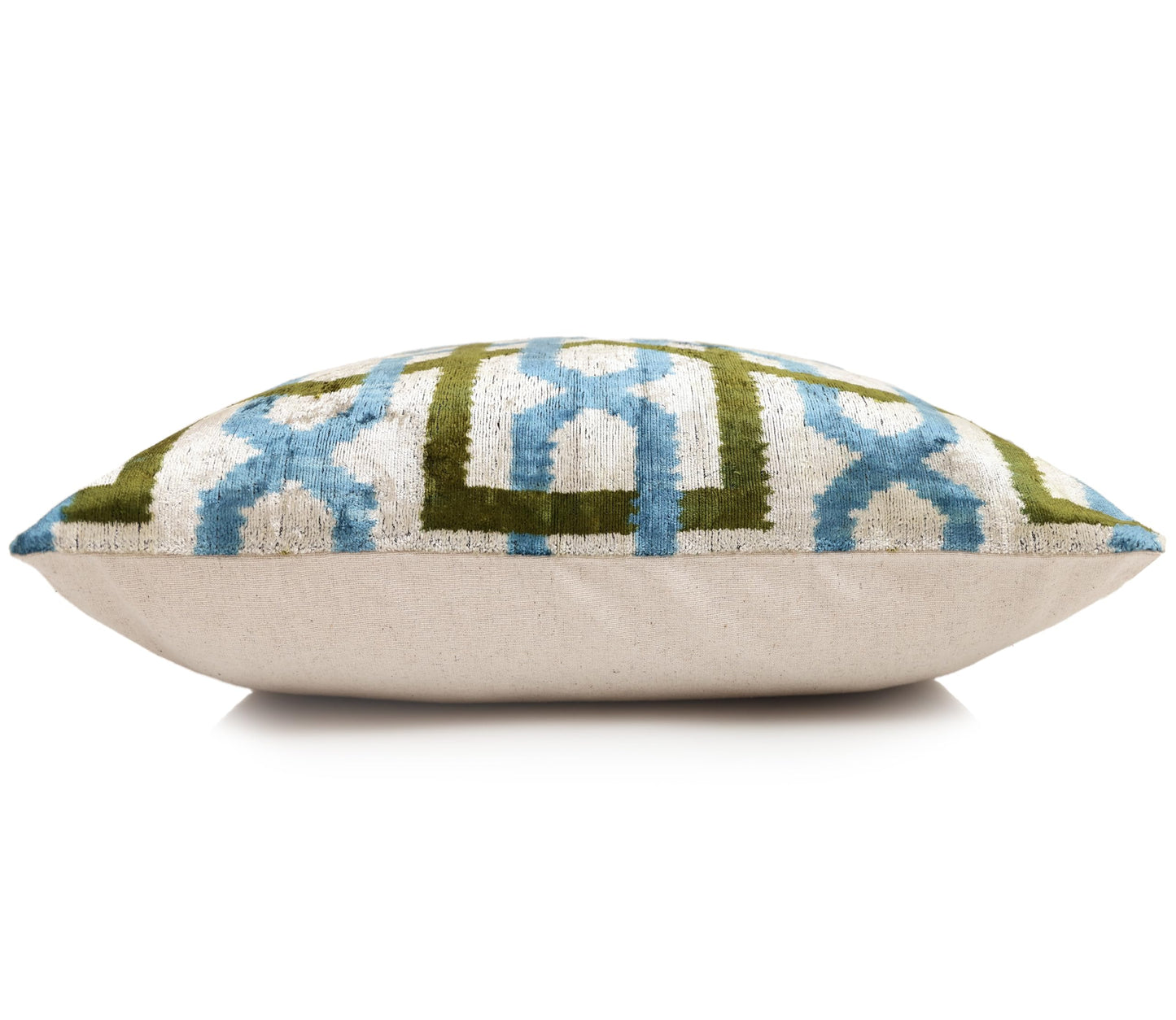 CANVELLO Handmade Velvet Ikat Lumbar Pillow 16x24 | Sky Blue & Olive Trellis