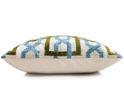 CANVELLO Handmade Velvet Ikat Lumbar Pillow 16x24 | Sky Blue & Olive Trellis