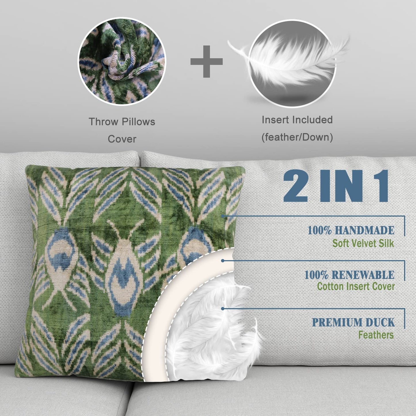 CANVELLO-Exquisite Down Pillow/Throw Cushion: Feather Pillows Elegance & Art | Iconic Throw Pillows with Ikat Design | Soft Velvet Silk (20" x 20”)