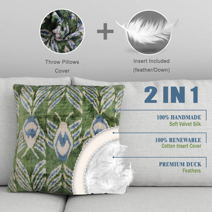 CANVELLO-Exquisite Down Pillow/Throw Cushion: Feather Pillows Elegance & Art | Iconic Throw Pillows with Ikat Design | Soft Velvet Silk (20" x 20”)