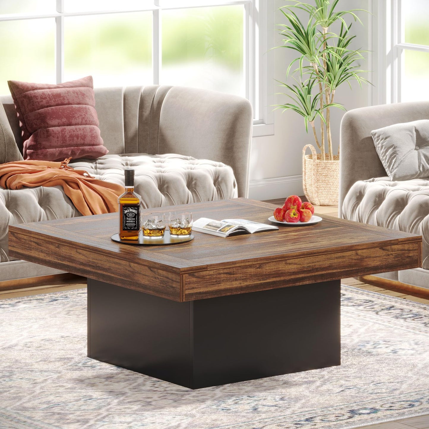 Tribesigns 35.4-Inch Square Coffee Table with LED Light, Modern Wood Coffee Table, Large Center Table for Living Room, Rustic Brown & Black