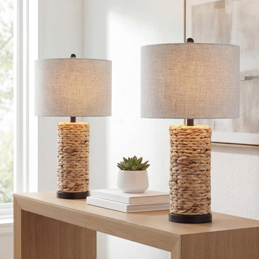 JONATHAN Y 25" Natural Coastal Water Hyacinth Table Lamp Set of 2, Bedside Lamp with Light Grey Linen Shade, Boho Farmhouse Decor for Living Room Nightstand, LED Bulbs JYL6502A-SET2