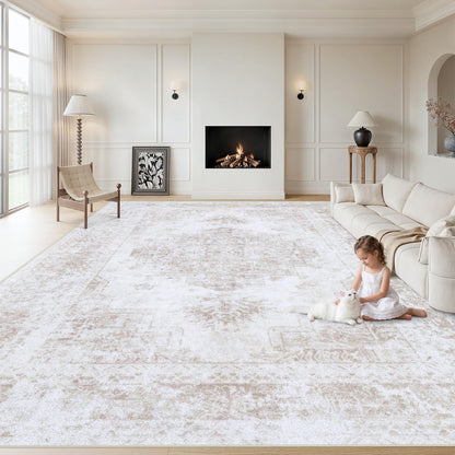 XLUEZ Area Rug 10x14 Living Room Rug, Machine Washable Vintage Distressed Medallion Rug Non-Slip Soft Low Pile Large Indoor Rugs for Bedroom Kitchen Dining Room Office(Beige,10'x14')