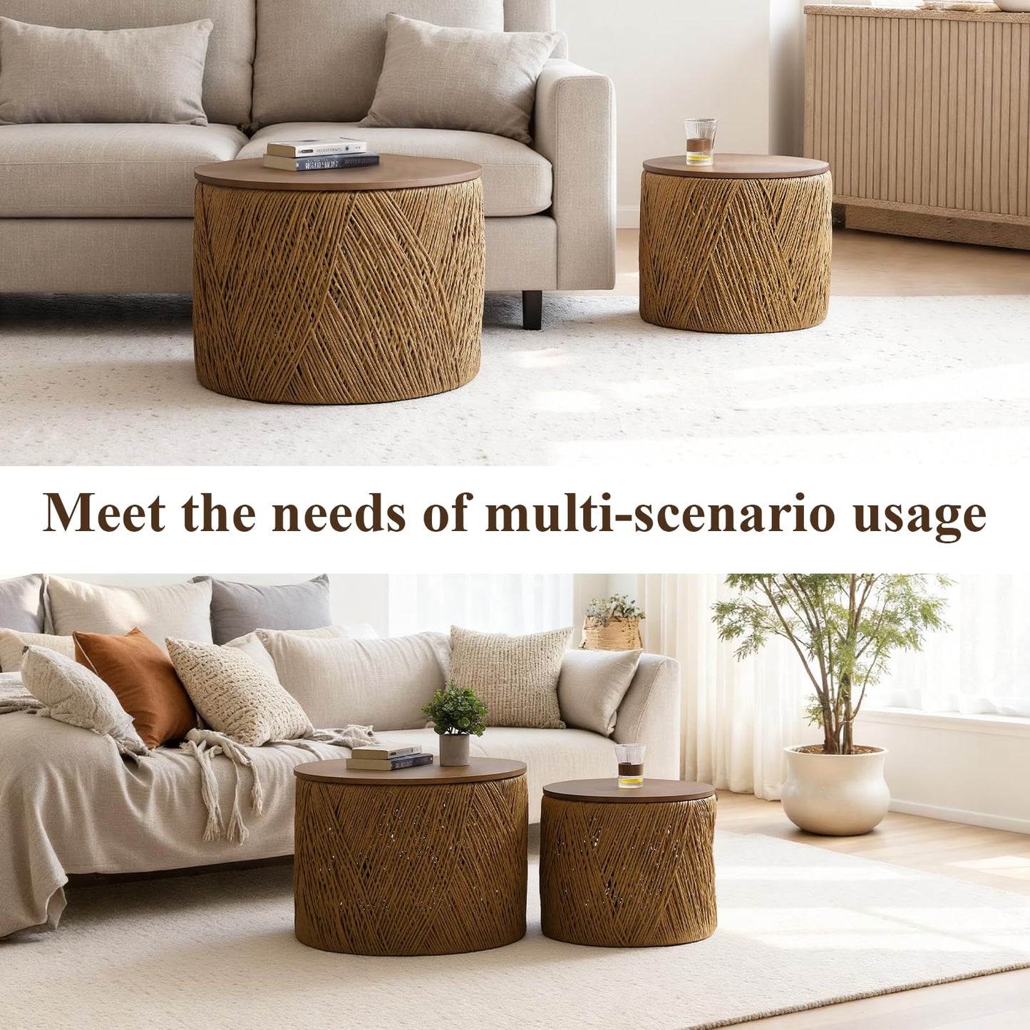 chairus Farmhouse Storage Round Coffee Table Boho Nesting Table with Lifting Top Hand-Woven Rattan Nesting Coffee Tables for Living Room, Walnut