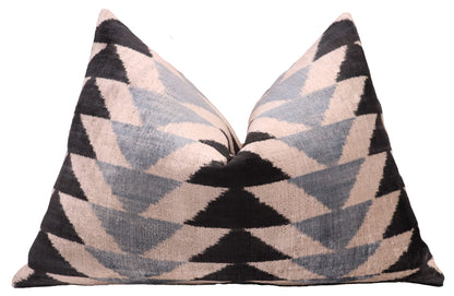 CANVELLO Handmade Luxury Velvet Throw Pillow with Down Feather Insert, 16"x24", Geometric Triangle Pattern in Black, Gray, and Ivory, Decorative Cushion for Living Room, Bedroom, and Home Décor