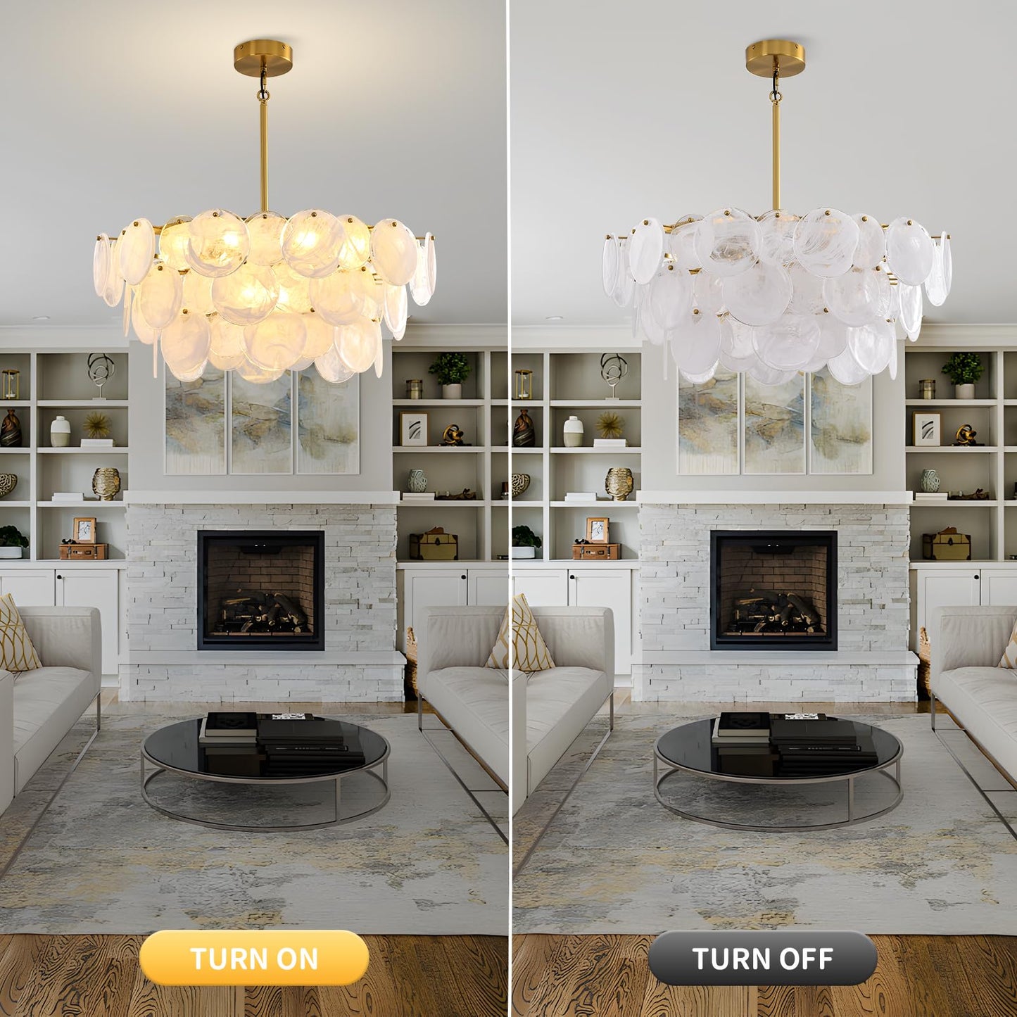 Large Gold Modern Glass Chandelier, 31.5-inch Round Adjustable Height Hanging Light Fixtures with Cloud Glass Shade, Luxury Hanging Fixture for Living Room, Foyer, Bedroom, E12 Base Crystal Lighting