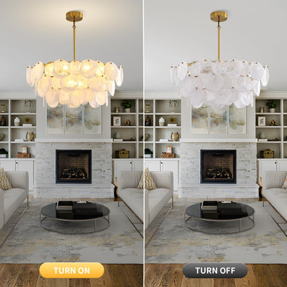 Large Gold Modern Glass Chandelier, 31.5-inch Round Adjustable Height Hanging Light Fixtures with Cloud Glass Shade, Luxury Hanging Fixture for Living Room, Foyer, Bedroom, E12 Base Crystal Lighting
