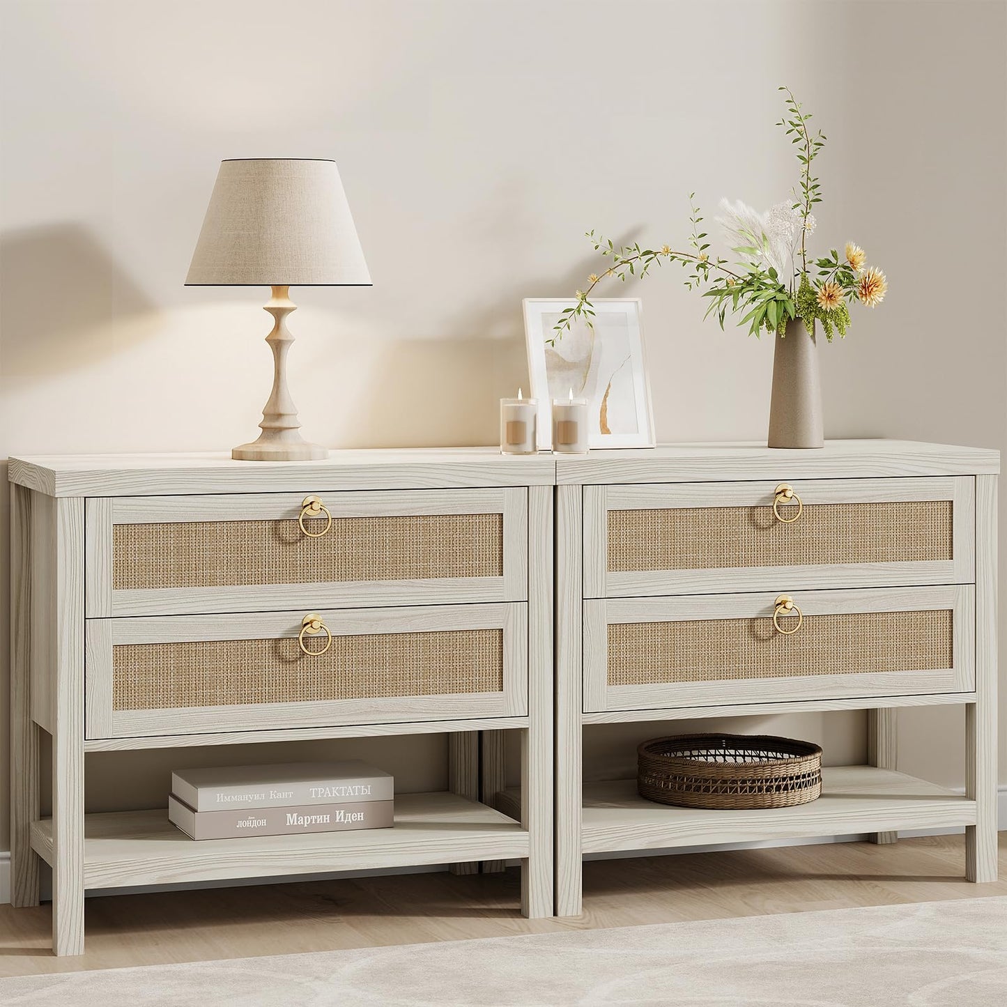 23-1/2" Oak Nightstands with Rattan Drawers, Set of 2